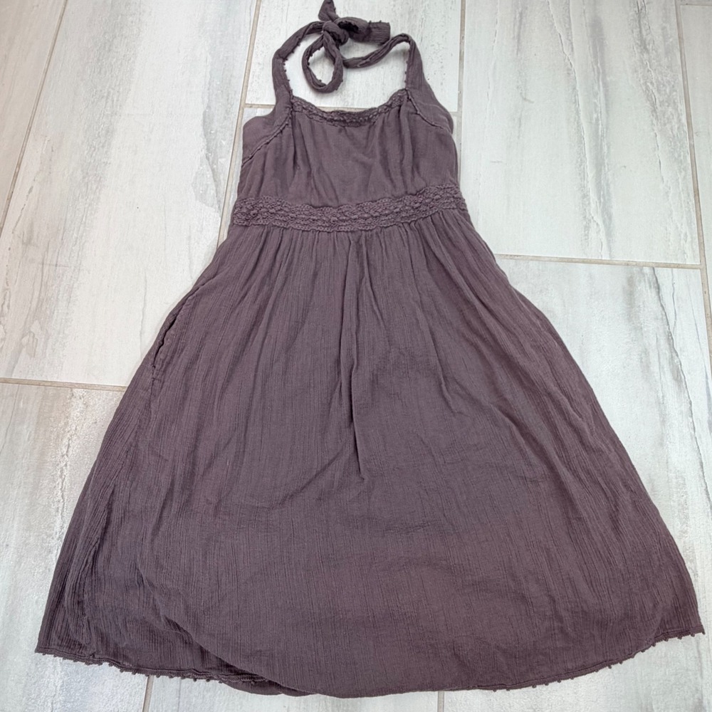 Maeve Anthropologie Brown Cotton Gauze Halter Dress Crochet Trim Smocked Back